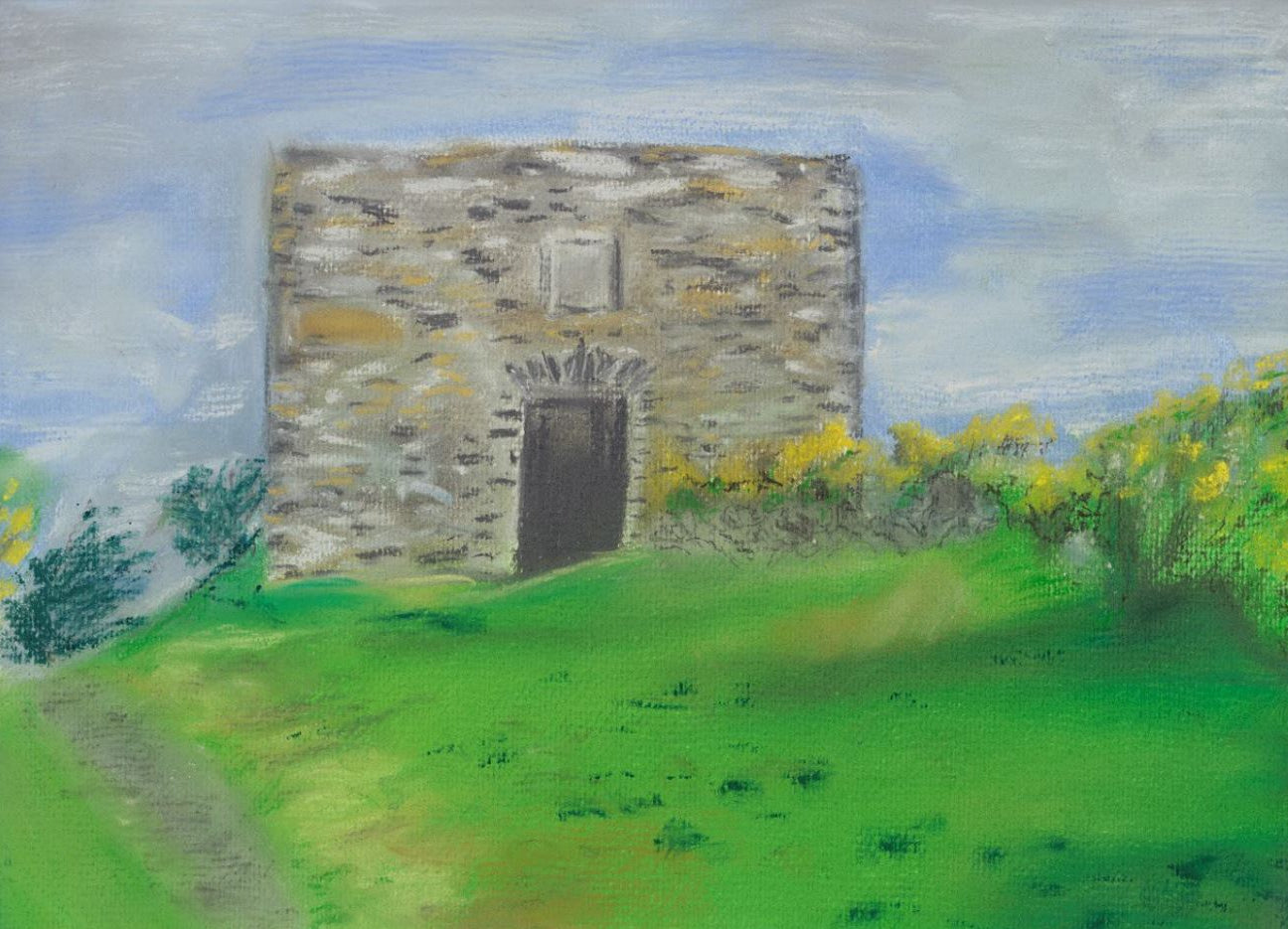 Painting of a stone building on a grassy hill with a blue sky.