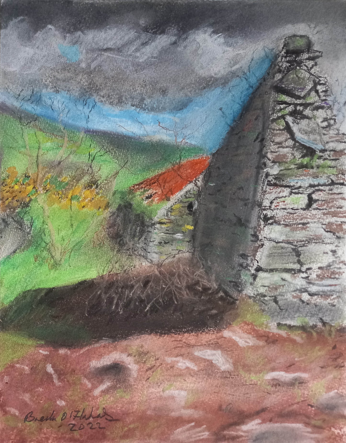 A pastel and colored pencil drawing of an abandoned village scene with old ruins, a cow shed, and sheep. The image has a suggestion of a frame and is signed by the artist.