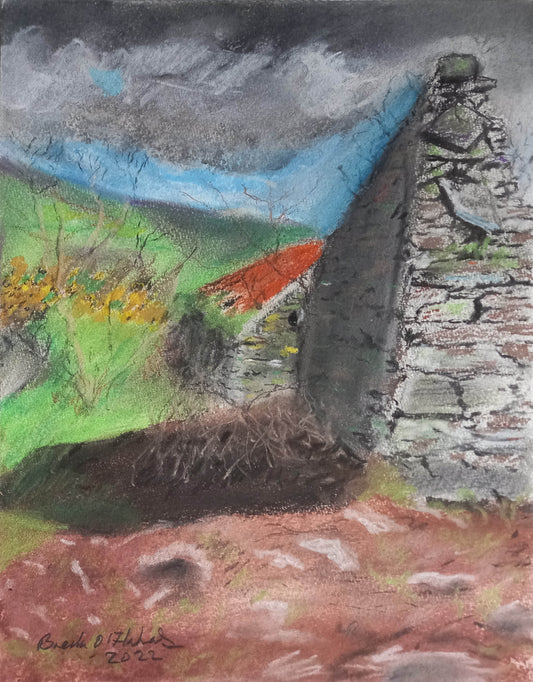 A pastel and colored pencil drawing of an abandoned village scene with old ruins, a cow shed, and sheep. The image has a suggestion of a frame and is signed by the artist.