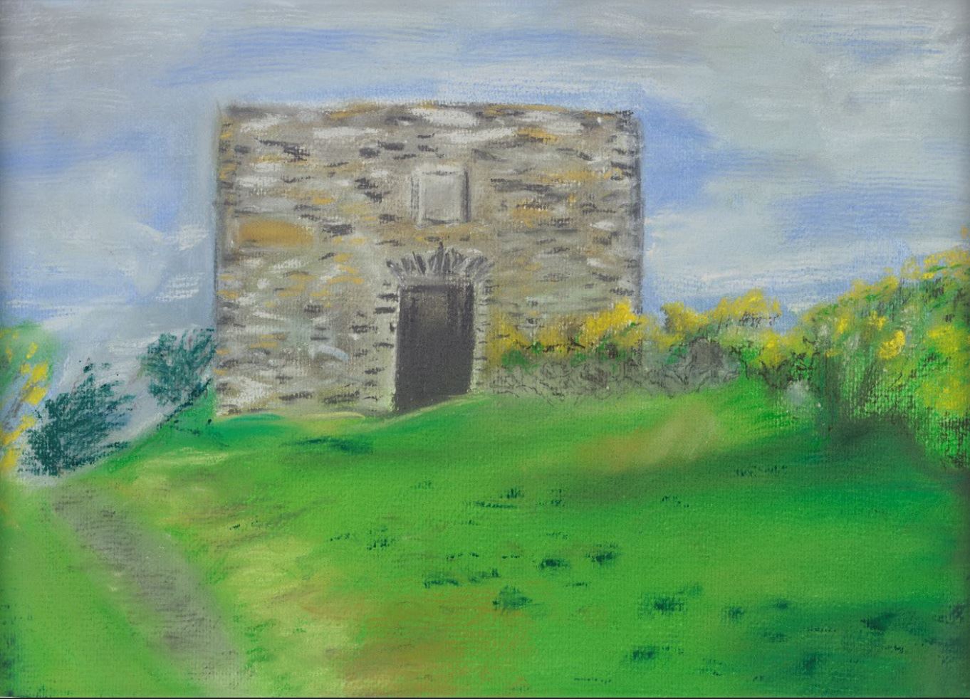Painting of a stone building on a grassy hill with a blue sky.