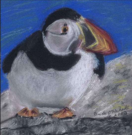 Artistic depiction of a puffin on a rocky surface with a blue background.