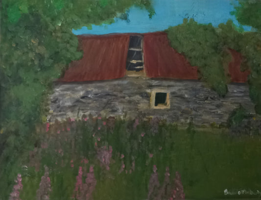 Old outbuilding with a broken red roof, sitting amongst flowers.