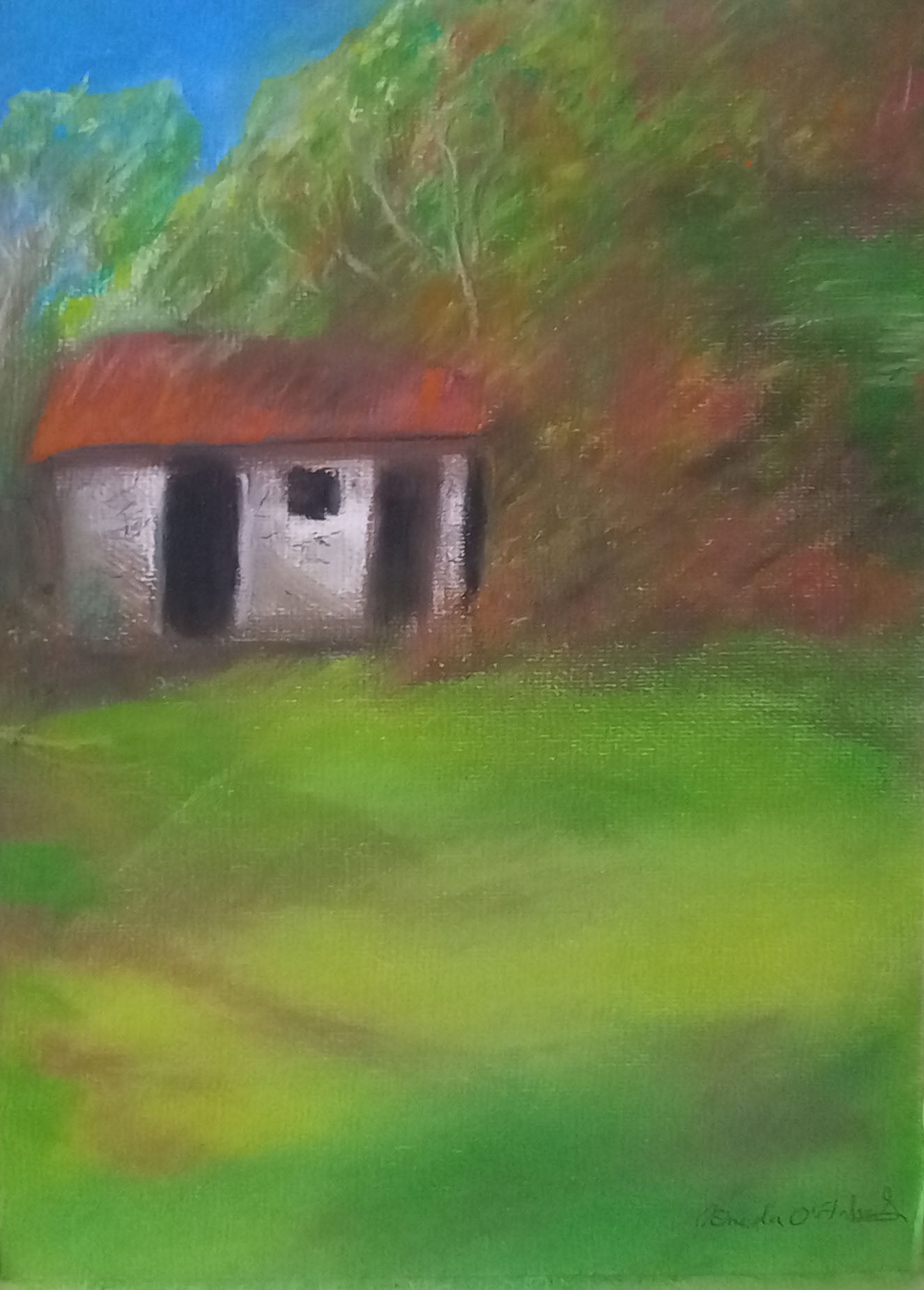 Painting of a small house with a red roof in a green landscape