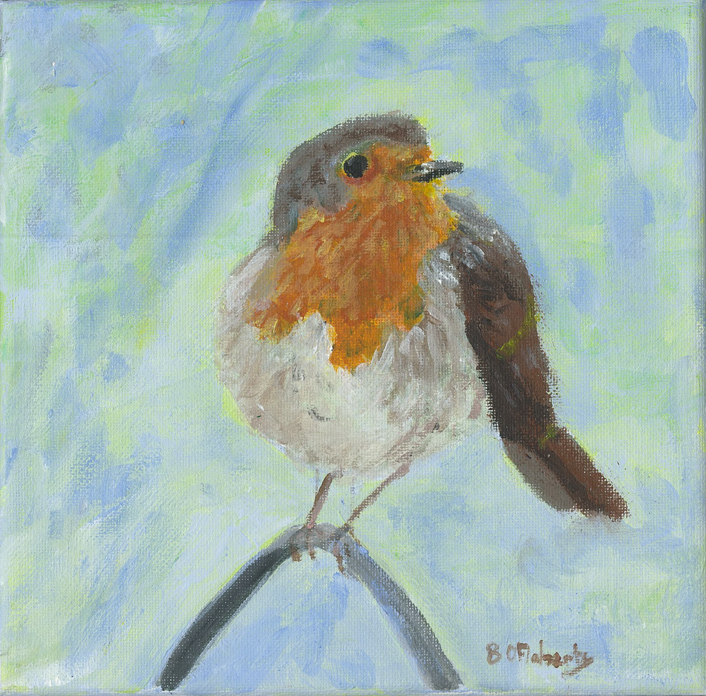 Painting of a robin perched on a branch with a colorful background