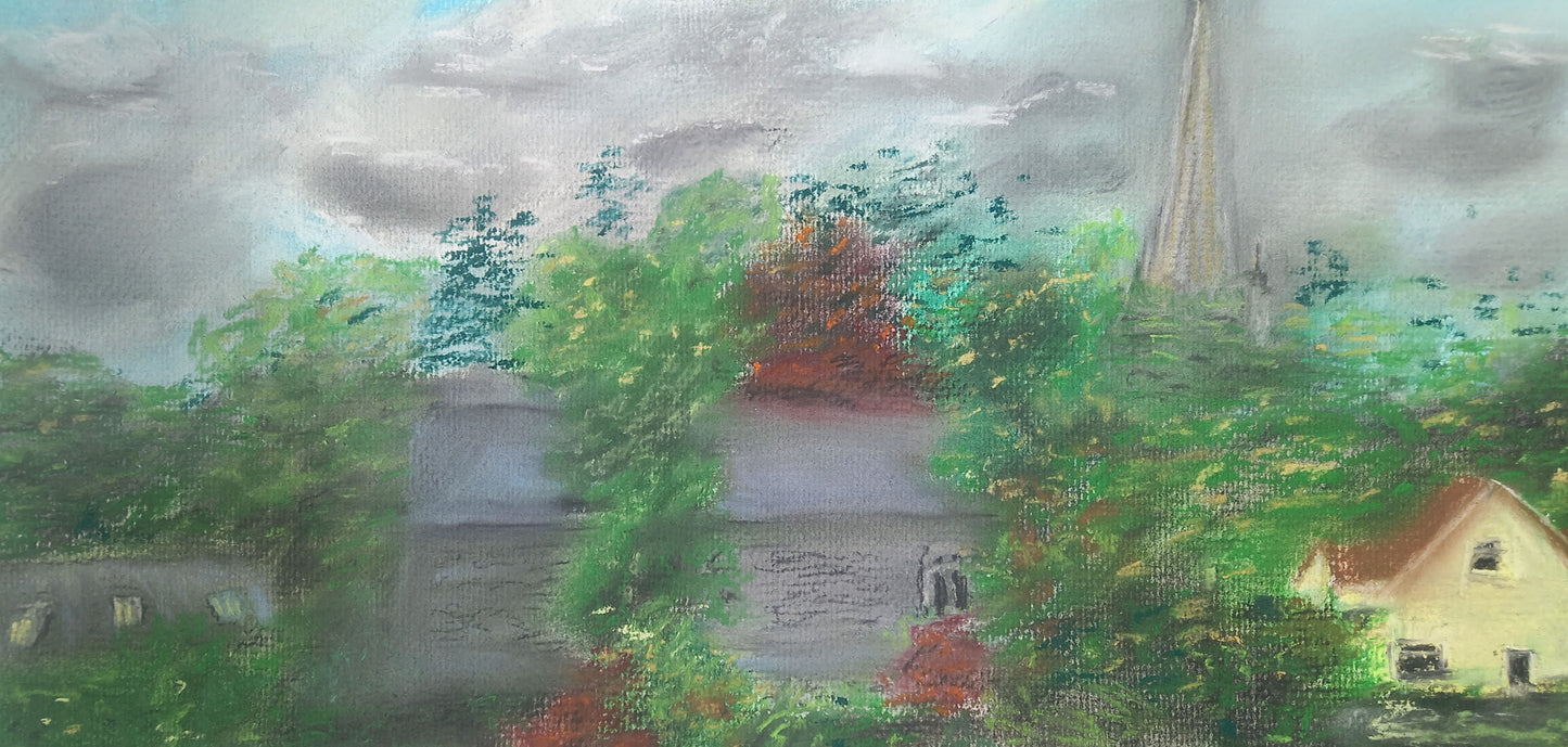 Painting of a landscape with a church in Virginia Cavan and houses with trees under a cloudy sky