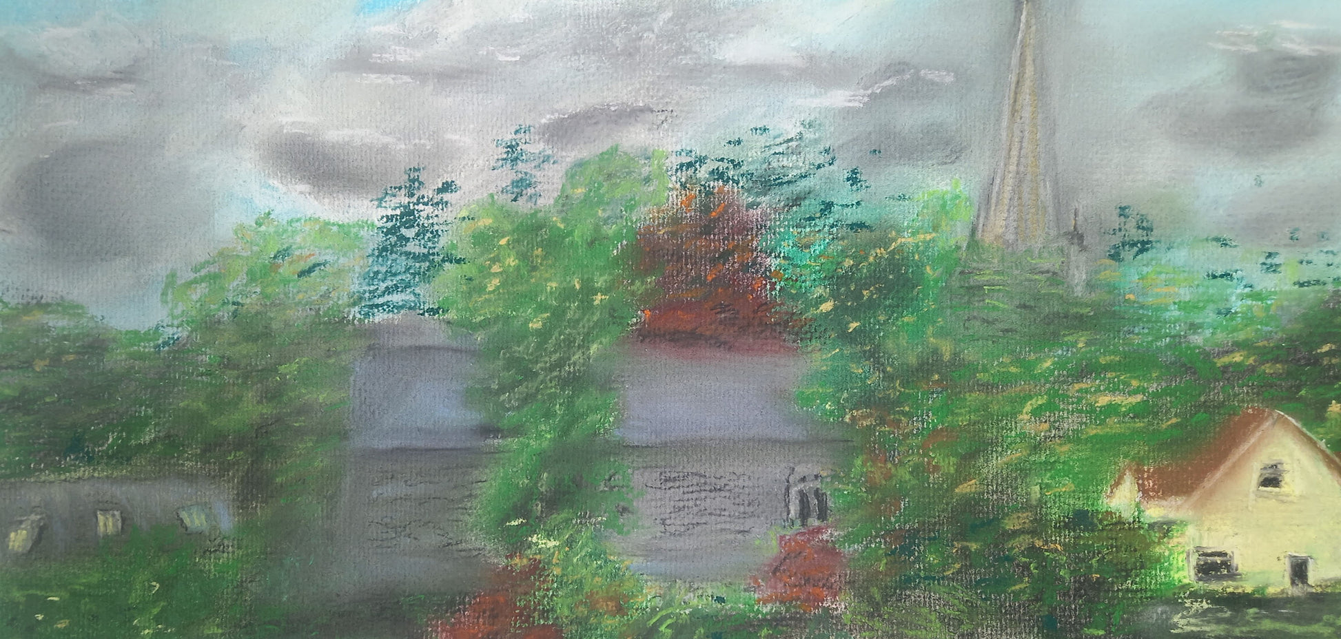 Painting of a landscape with a church in Virginia Cavan and houses with trees under a cloudy sky